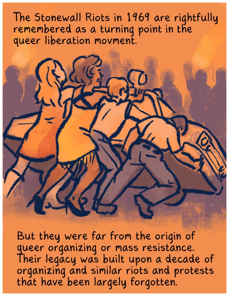 First panel of Before Stonewall: A group of people are overturning a car. The text reads "The Stonewall Riots in 1969 are rightfully remembered as a turning point in the queer liberation movement. But they were far from the origin of queer organizing or mass resistance. Their legacy was built upon a decade of organizing and similar riots and protests that have been largely forgotten."