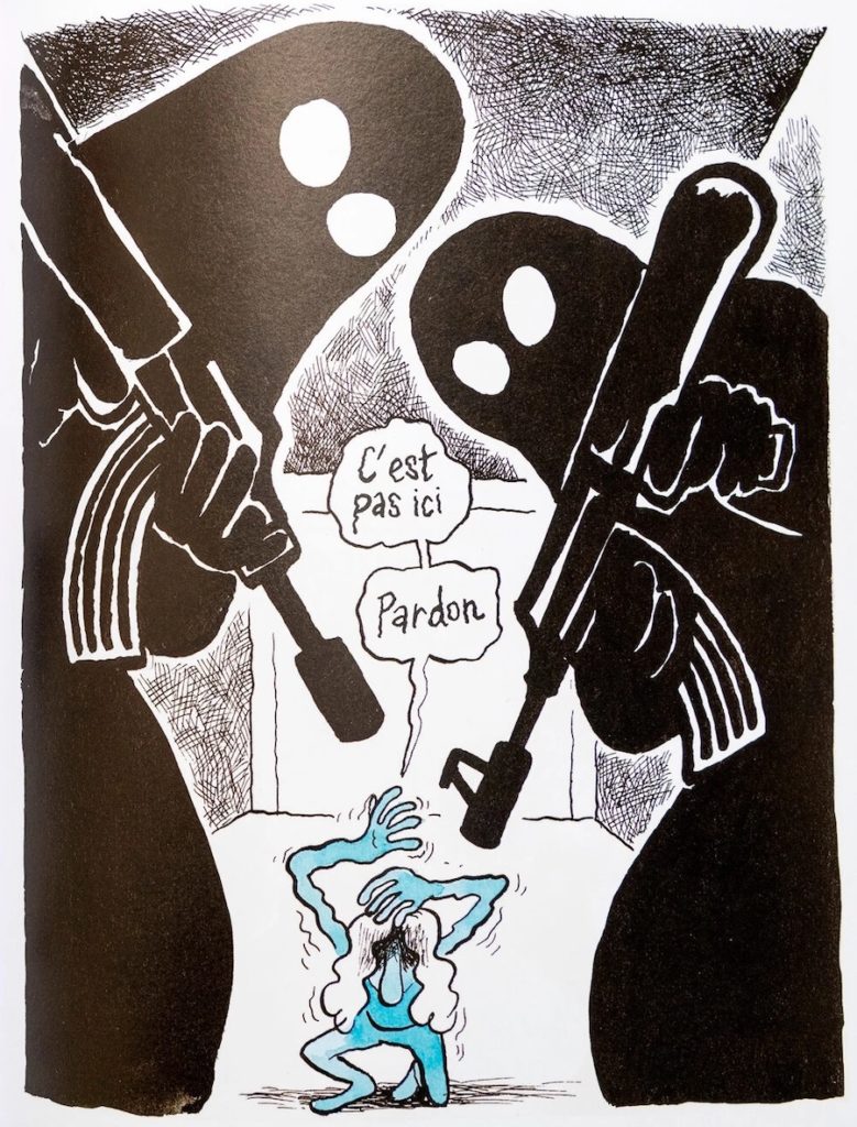 An image from 'To Draw Again,' showing two enormous black-clad gunmen towering over a trembling woman, who says "C'est pas ici. Pardon." [Not here. Sorry.]