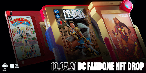 A display of three DC NFTs, covers of three different Wonder Woman comics.