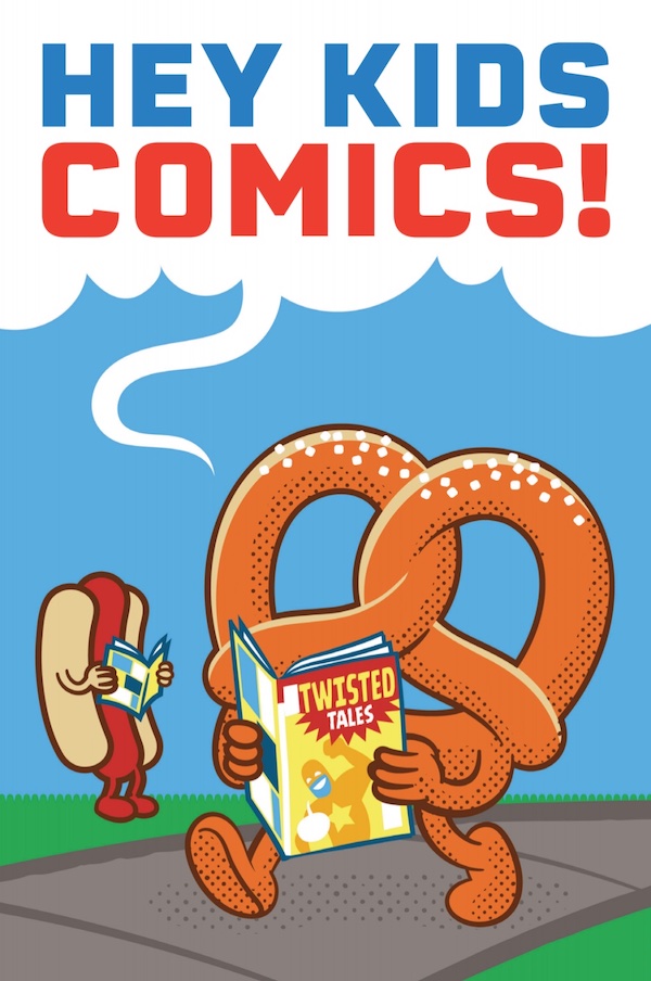 Poster for Hey Kids Comics!, showing an anthropomorphized pretzel reading a comic called "Twisted Tales" while walking along a sidewalk. In the background, a hot dog is also reading a comic.