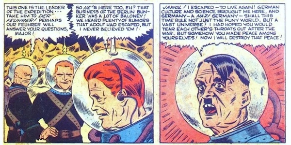 Detail from a comic showing several men in spacesuits, one of them Adolf Hitler, confronting each other.