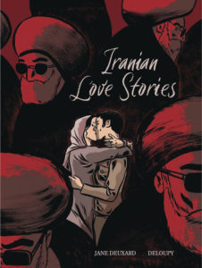 Cover of Iranian Love Stories, showing a couple embracing and kissing surrounded by the heads of turbaned, bearded men.