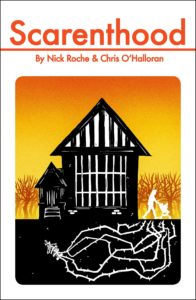 Cover of Scarenthood, showing a parent pushing a stroller away from a house and a thorny creature under the ground beneath them