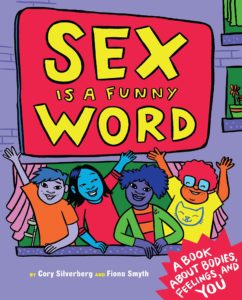 Cover of Sex Is a Funny Word, showing a multicolored group of people standing at a window, waving